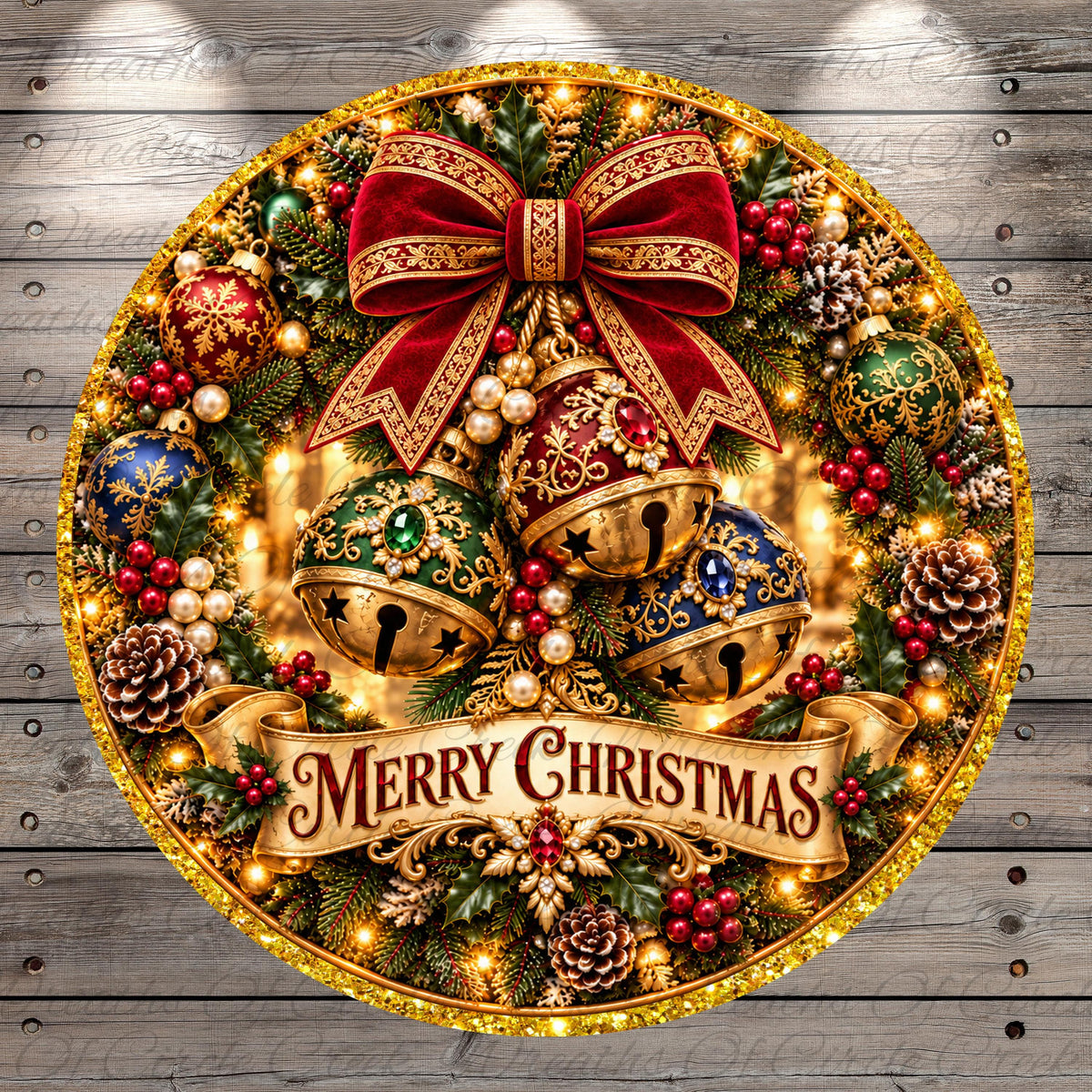 A festive Christmas wreath adorned with bells, ornaments, pine cones, and greenery, with a large red bow and the text "Merry Christmas" displayed on the wreath.