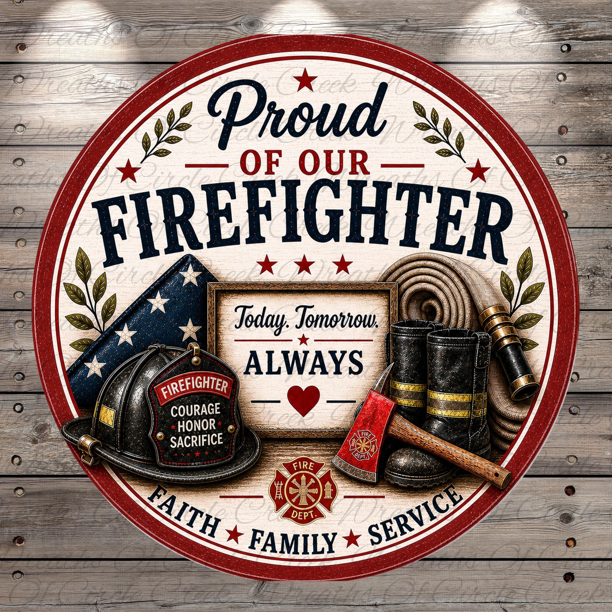 The image is a circular sign with a patriotic theme, featuring a firefighter helmet, fire hose, fire boots, and a fire extinguisher. The sign displays the text "Proud of our firefighter" and "Faith, Family, Service" along with the American flag and stars.