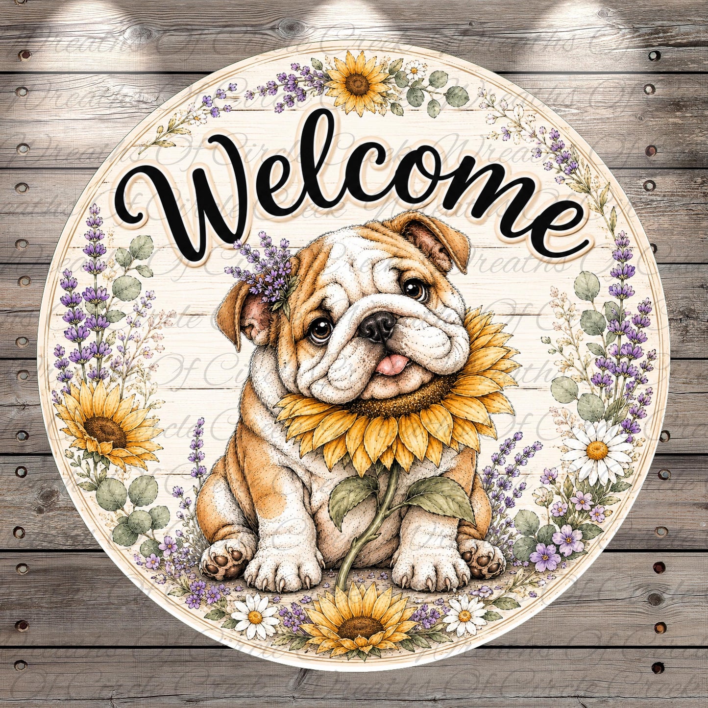 A round sign featuring a bulldog sitting in a sunflower field, surrounded by flowers and the word "Welcome" written above it.