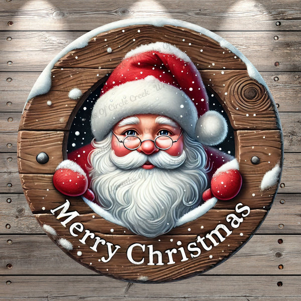 Santa Claus, Merry Christmas, Rustic, Red, Round, Light Weight, Metal, Wreath Sign, No Holes In Sign