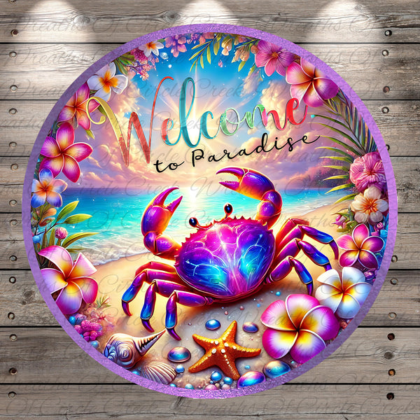 a vibrant and colorful crab surrounded by tropical flowers, including pink, orange, and purple blooms, as well as a starfish and seashells, all set against a backdrop of a tropical beach scene.