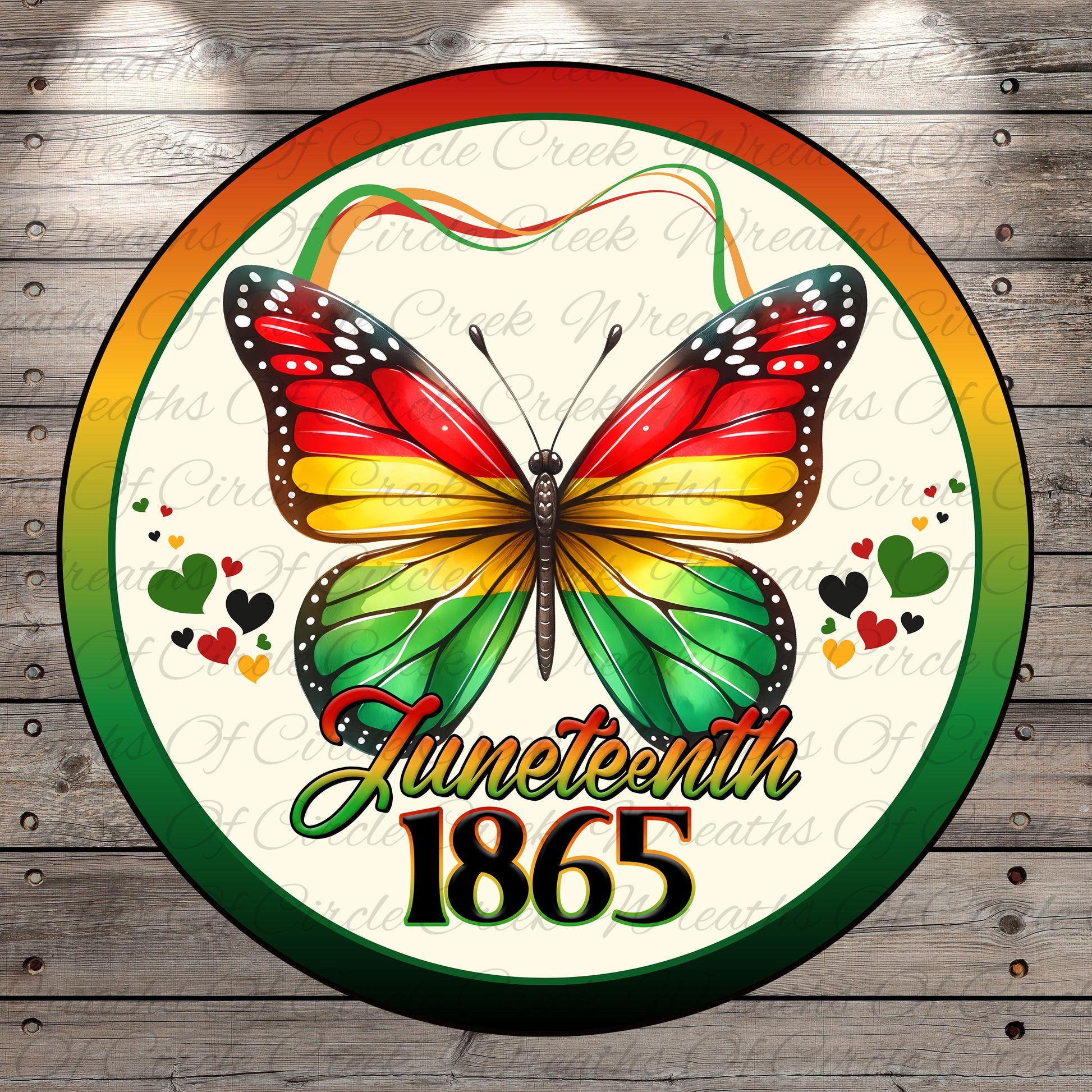 A colorful butterfly graphic with the text "Juneeteenth 1865" displayed on a circular background.