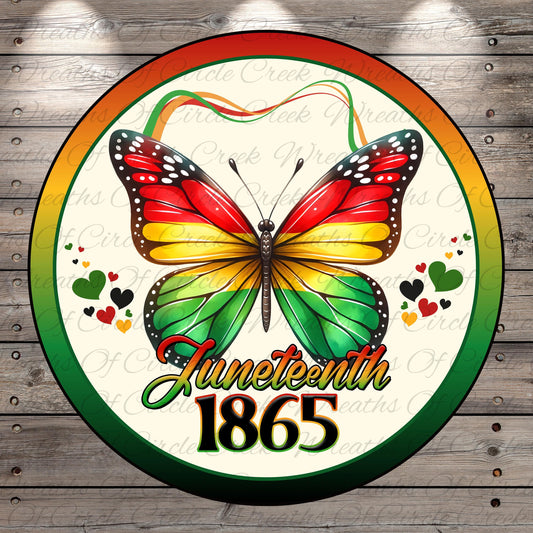 A colorful butterfly graphic with the text "Juneeteenth 1865" displayed on a circular background.