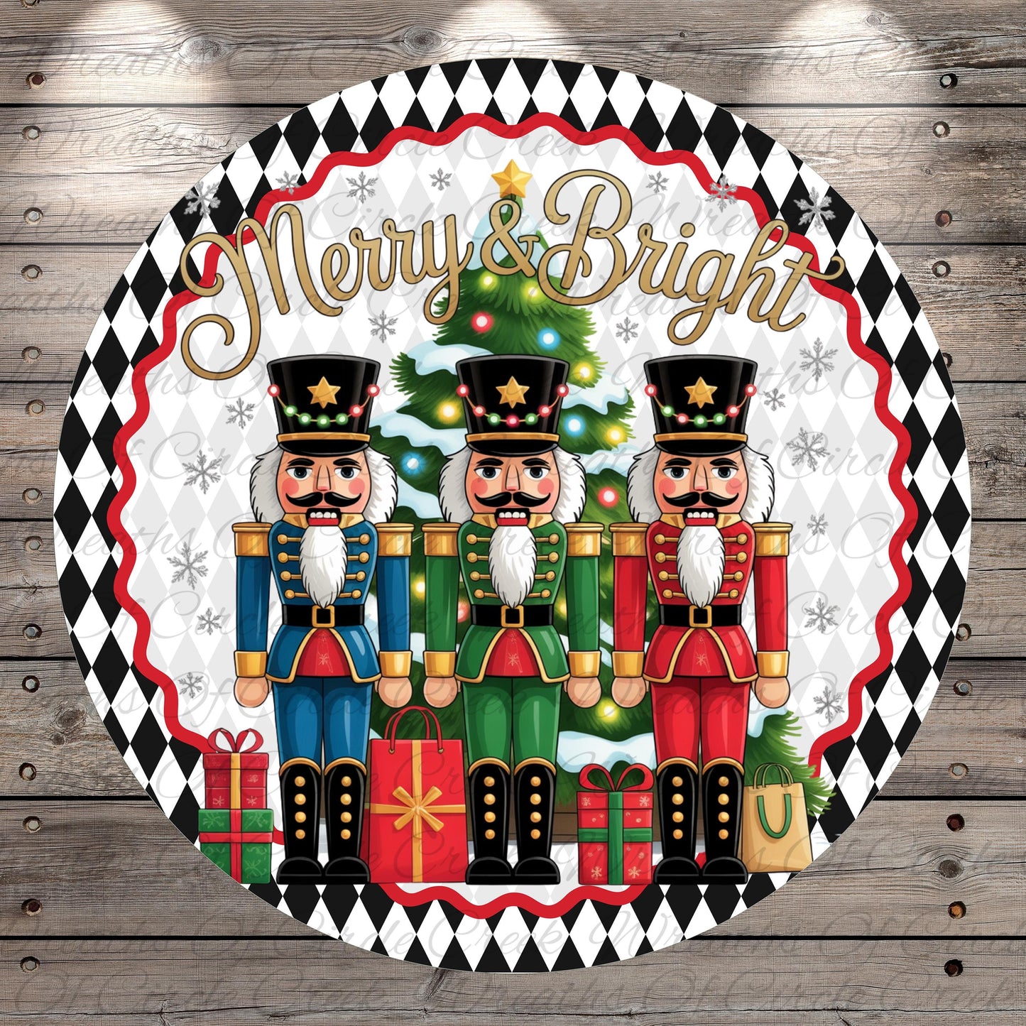 A circular decorative plate with three nutcracker men in colorful outfits standing in front of a Christmas tree. The plate has a black and white diamond pattern around the edges and the text "Merry & Bright" written above the nutcrackers.