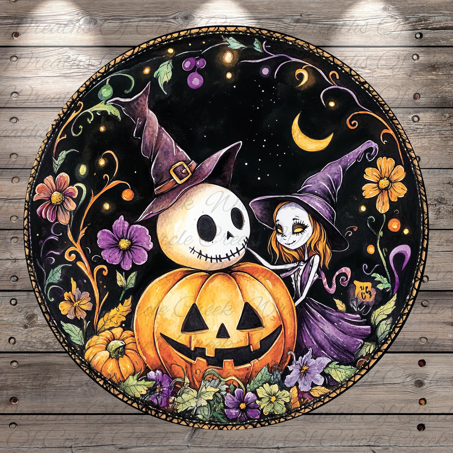 A Halloween-themed illustration featuring a skeleton wearing a witch's hat, a witch, and a jack-o-lantern surrounded by flowers and a crescent moon.