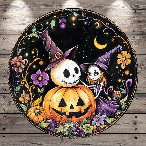 A Halloween-themed illustration featuring a skeleton wearing a witch's hat, a witch, and a jack-o-lantern surrounded by flowers and a crescent moon.