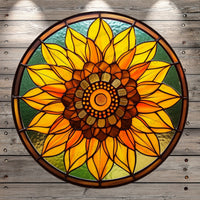 Large Sunflower, Faux Stain Glass Print, Round, Light Weight, Metal Wreath Sign, No Holes In Sign