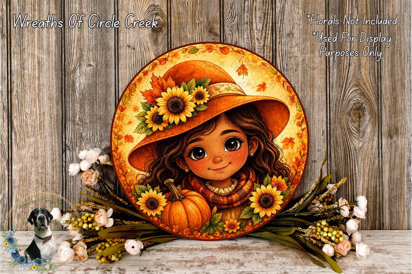 A round, decorative plate featuring a young girl with a sunflower hat and a pumpkin, surrounded by autumn foliage and flowers.