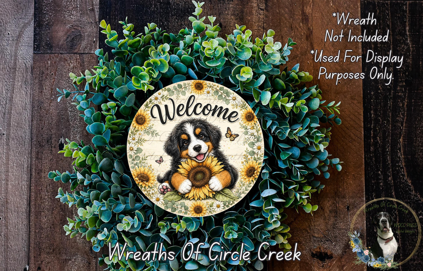 a wreath with a dog and sunflowers, surrounded by greenery, and a sign that reads "Welcome".