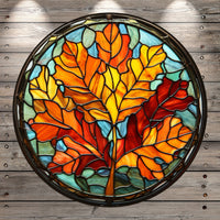 Large Fall Leaf, Fall, Faux Stain Glass Print, Round, Light Weight, Metal Wreath Sign, No Holes In Sign