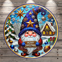 A colorful stained glass image depicting a gnome holding a "Merry Christmas" sign, surrounded by Christmas decorations such as stars, snowflakes, and ornaments.
