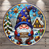 A colorful stained glass image depicting a gnome holding a "Merry Christmas" sign, surrounded by Christmas decorations such as stars, snowflakes, and ornaments.