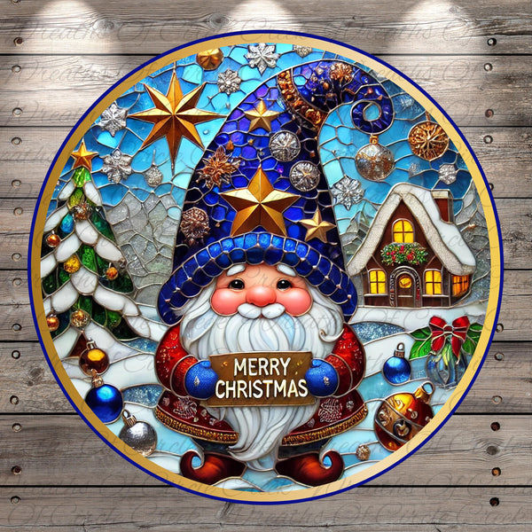A colorful stained glass image depicting a gnome holding a "Merry Christmas" sign, surrounded by Christmas decorations such as stars, snowflakes, and ornaments.