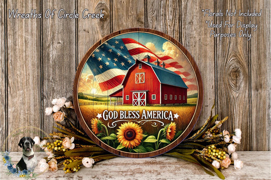 a picture of a red barn with an american flag on it