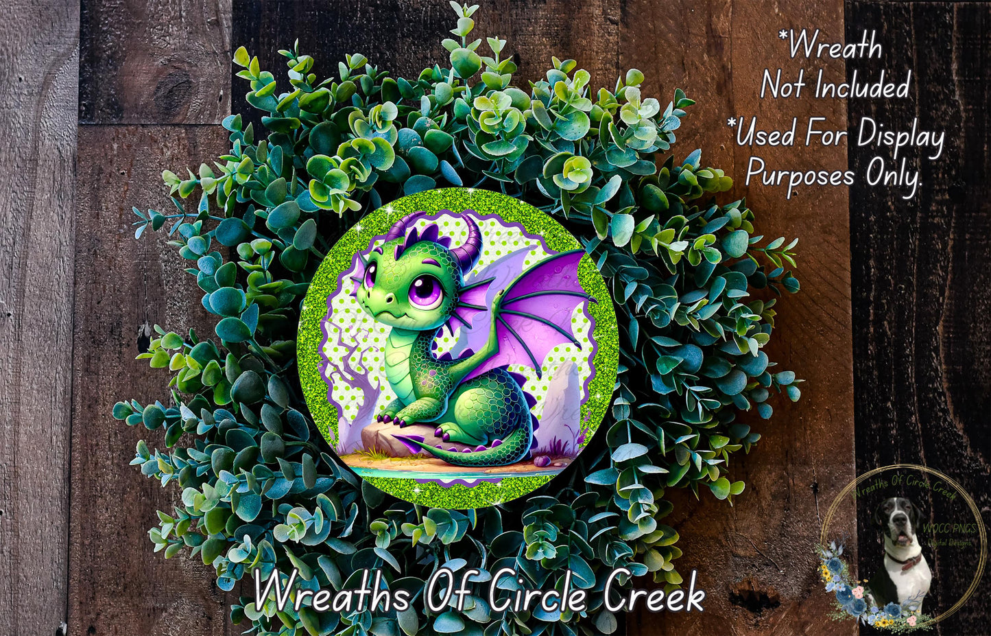 A wreath made of green leaves and a purple dragon with wings, featuring a dragon illustration on the center.