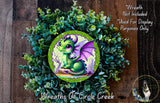 A wreath made of green leaves and a purple dragon with wings, featuring a dragon illustration on the center.