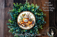 a wreath with a pumpkin and other fall-themed items, including a pumpkin-shaped mug and a pumpkin. The wreath is surrounded by a lush green plant and has a wooden frame. The text "Wreath Not Included * Used For Display Purposes Only" is displayed above the wreath, and the text "Wreaths Of Circle Creek" is written below the wreath.