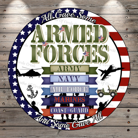 Armed Forces, Army, Navy, Air Force, Marines, Coast Guard, Round, Light Weight, Metal, Wreath Sign, No Holes In Sign