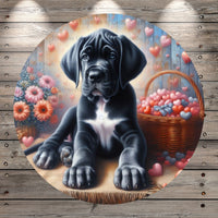 Welcome, Great Dane Puppy, Black and White Puppy, Floating Hearts, Valentines Florals, Whimsical, Round, Light Weight, Metal Wreath Sign, No Holes, UV Coated