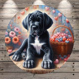 Welcome, Great Dane Puppy, Black and White Puppy, Floating Hearts, Valentines Florals, Whimsical, Round, Light Weight, Metal Wreath Sign, No Holes, UV Coated