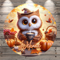 Welcome, Owl, Cocoa, Coffee, Cute Owl with Witch Hat, Round, Light Weight, Metal, Wreath Sign, No Holes In Sign