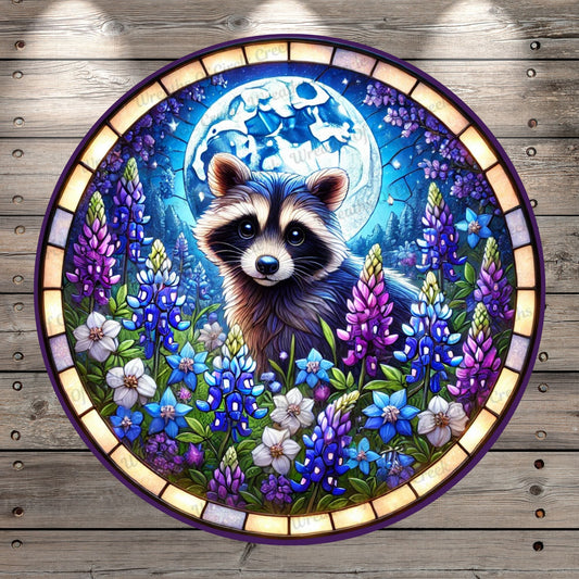 Raccoon & Bluebonnets | Lightweight Round Metal Wreath Sign | Full Moon Meadow | Faux Stained Glass Effect | No Holes In Sign