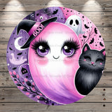 Pink Ghost, Boo, Black Cat, Happy Halloween, Pink, Purple, Round, Light Weight, Metal Wreath Sign, No Holes In Sign