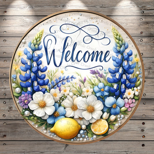 Welcome, Bluebonnets, Lemons, Florals, Lightweight, Wreath Sign, No Holes In Sign