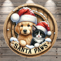 Santa Paws, Dog and Cat, Santa Hats, Christmas, Animals, Faux Wood, Round, Lightweight, Metal, Wreath Sign, No Holes In Sign