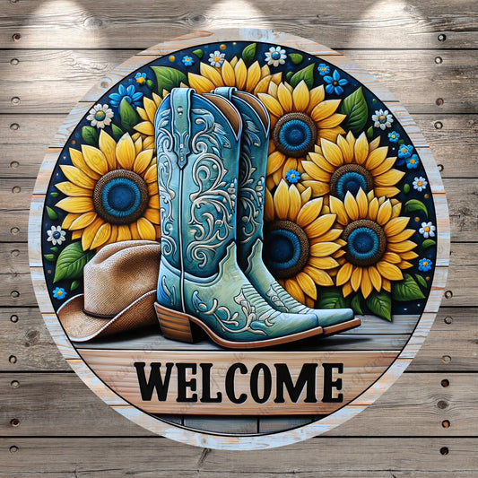 Blue, Cowgirl Boots, Cowgirl Hat, Welcome, Sunflowers, Rustic, Round, Light Weight, Metal Wreath Sign, No Holes In Sign