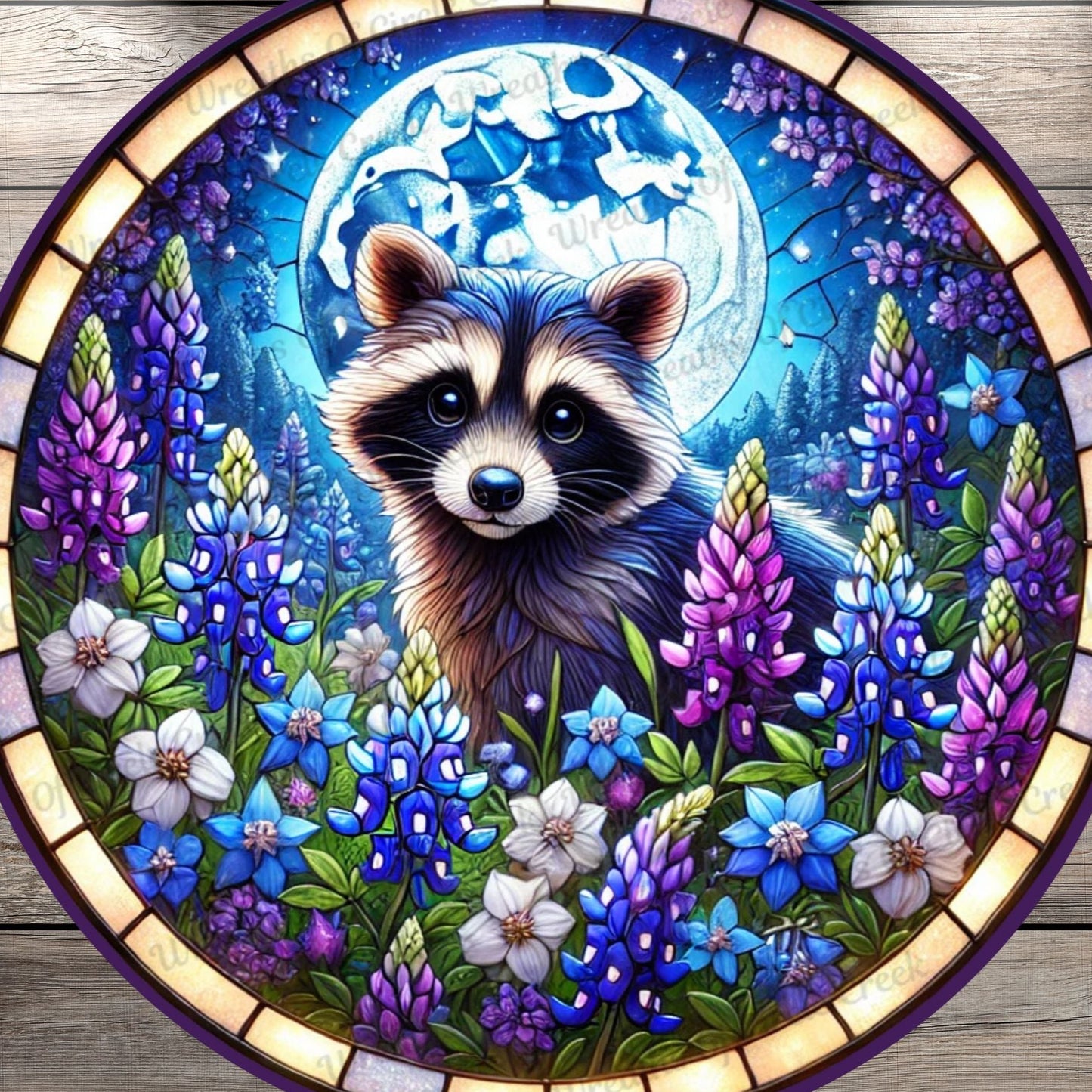 Raccoon & Bluebonnets | Lightweight Round Metal Wreath Sign | Full Moon Meadow | Faux Stained Glass Effect | No Holes In Sign