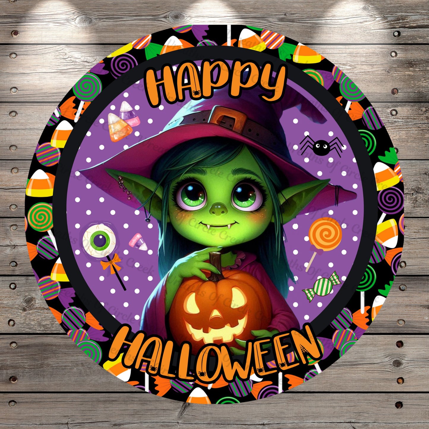Green Goblin Witch, Happy Halloween, Halloween Candy, Round, Light Weight, Metal Wreath Sign, No Holes In Sign