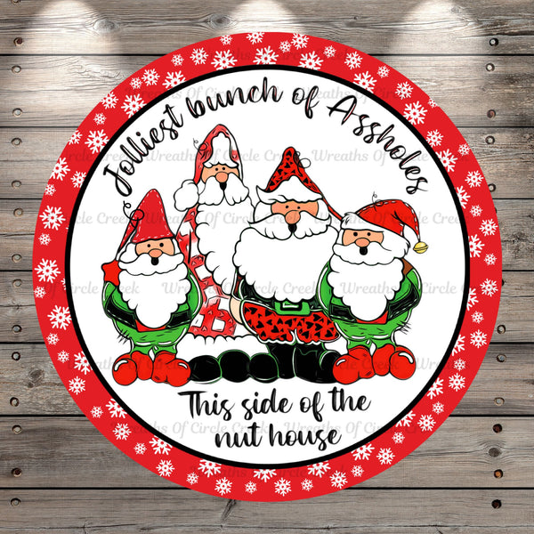 Wreath Sign, Christmas, Gnomes, Jolliest Bunch, Christmas Humor, Red, Snowflake Border, Round, Light Weight, Metal Wreath Sign, No Holes