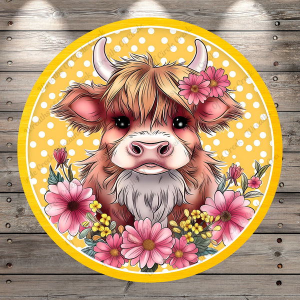 Highland Cow, Pink Florals, Polka Dots, Yellow, Spring, Summer, Lightweight, Wreath Sign, No Holes In Sign