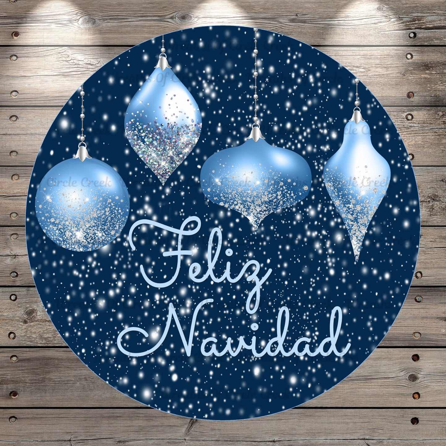 Feliz Navidad, Hanging Ornaments, Blue, Silver, Glitter, Snow, Wreath Sign, No Holes, Round UV Coated, Metal