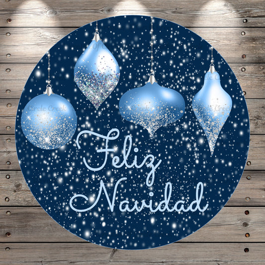 Feliz Navidad, Hanging Ornaments, Blue, Silver, Glitter, Snow, Wreath Sign, No Holes, Round UV Coated, Metal