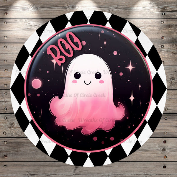 Pink Ghost, Boo, Pink, Black, White, Harlequin Border, Round, Light Weight, Metal Wreath Sign, No Holes In Sign