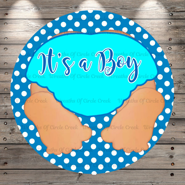 It's A Boy, Baby Shower, Blue, Boy, Wreath Sign, No Holes, Round UV Coated, Metal