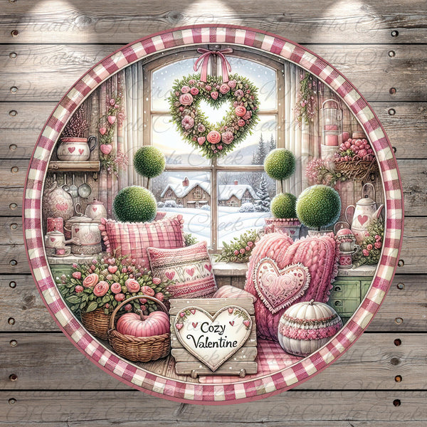 A cozy and charming interior scene with a large window overlooking a snowy landscape. The room is decorated with pink and white floral accents, and there are various knick-knacks and ornaments throughout the space. A heart-shaped wreath hangs on the wall, and a sign that reads "Cozy Valentine" is displayed. The overall atmosphere is warm and inviting, with a touch of wintery charm.