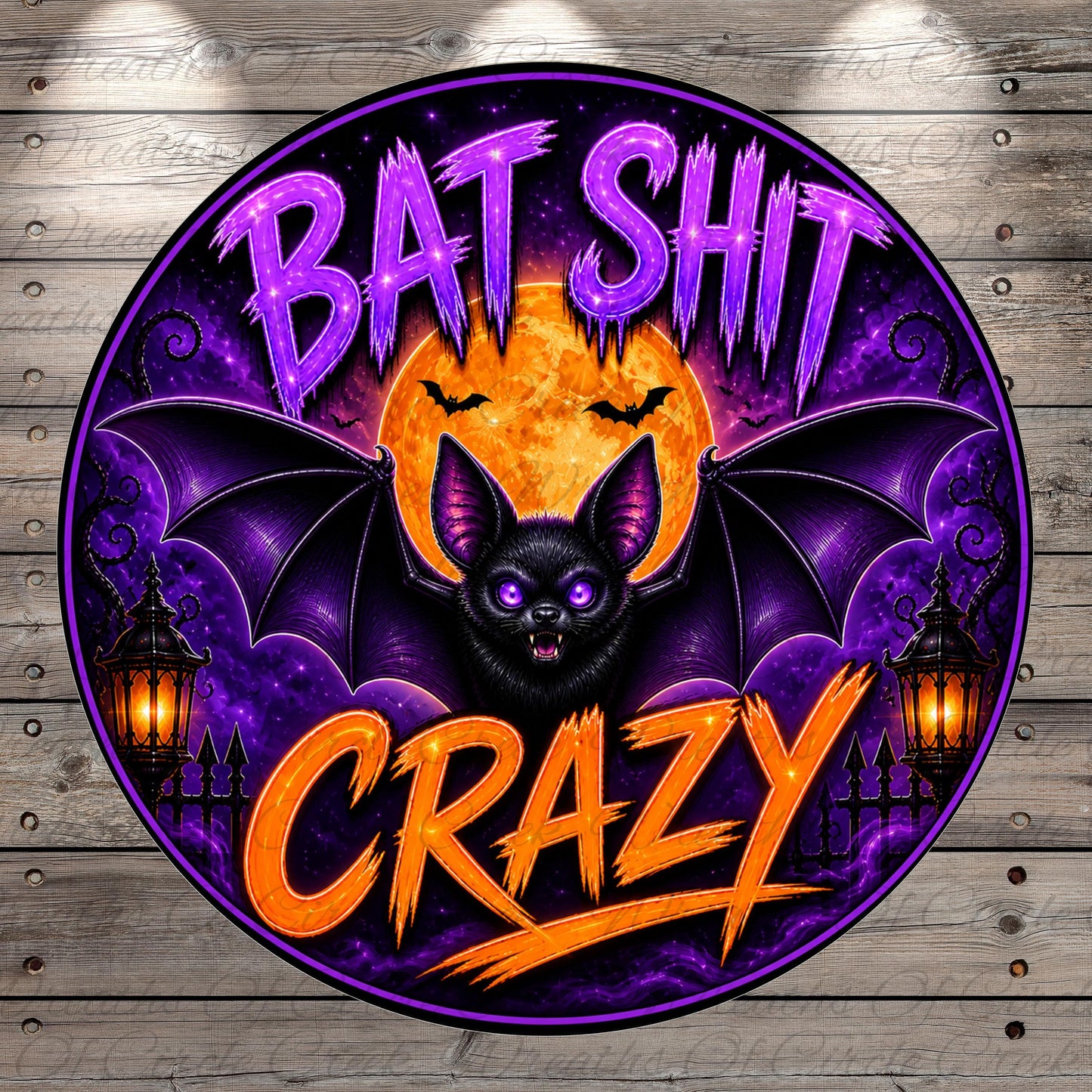 a bat with glowing eyes and a large, glowing moon in the background, surrounded by bats and a glowing lantern. The text "BAT SHIT CRAZY" is prominently displayed in the center of the image.