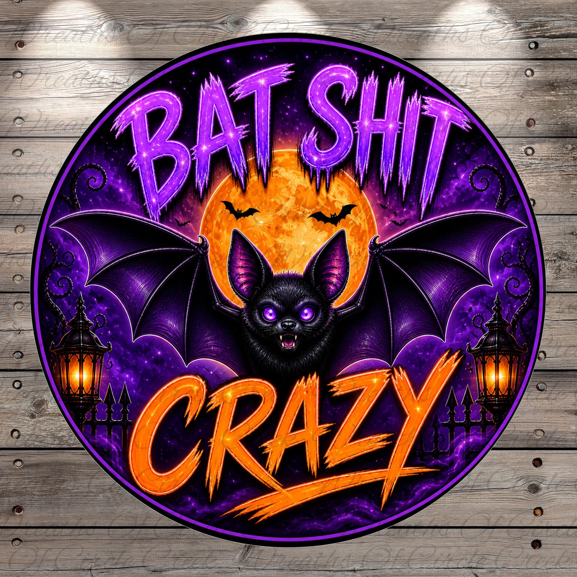a bat with glowing eyes and a large, glowing moon in the background, surrounded by bats and a glowing lantern. The text "BAT SHIT CRAZY" is prominently displayed in the center of the image.