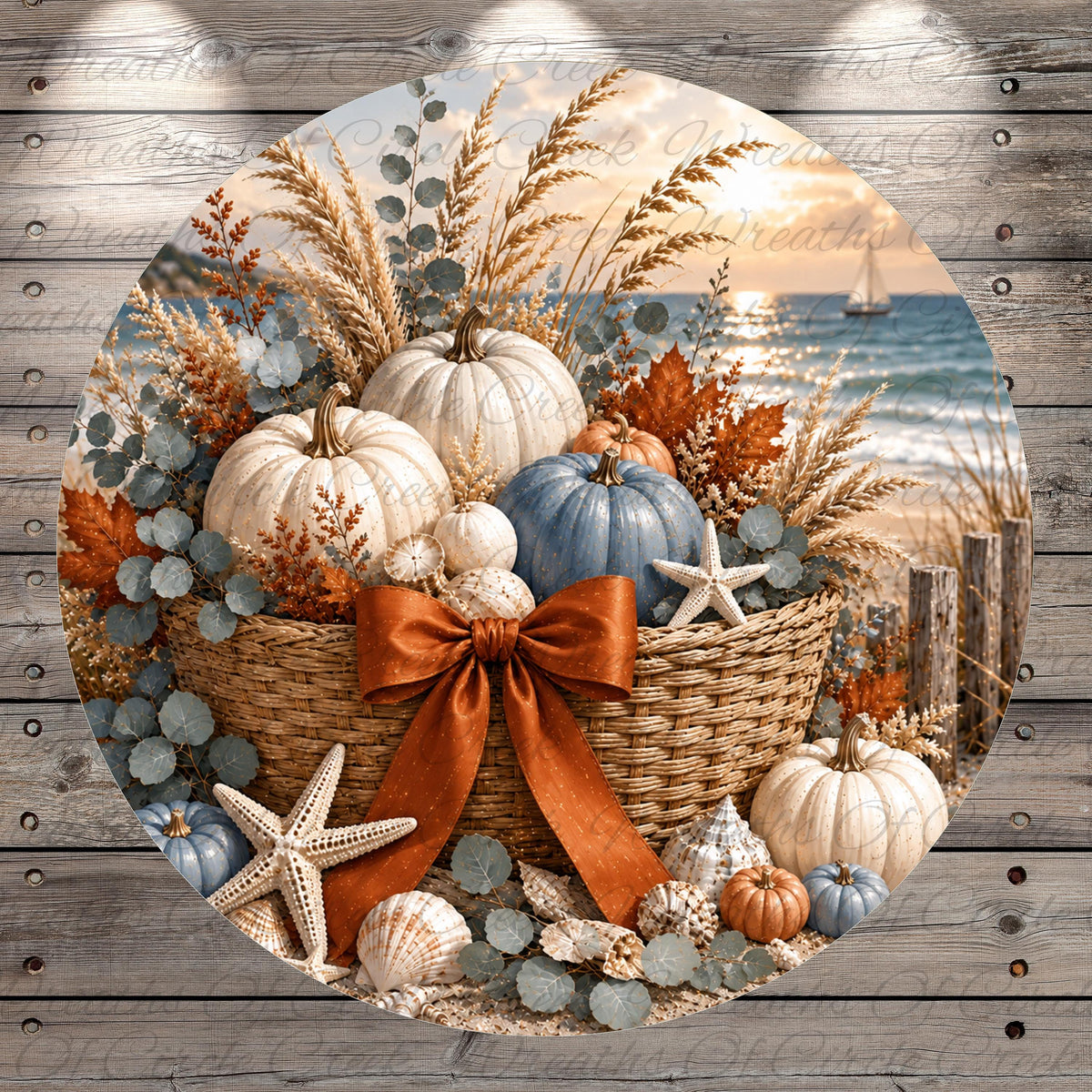 A wicker basket filled with autumn-themed decorations, including pumpkins, starfish, seashells, and a bow, set against a backdrop of a serene beach and a sailboat on the water.