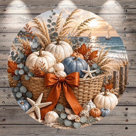 A wicker basket filled with autumn-themed decorations, including pumpkins, starfish, seashells, and a bow, set against a backdrop of a serene beach and a sailboat on the water.