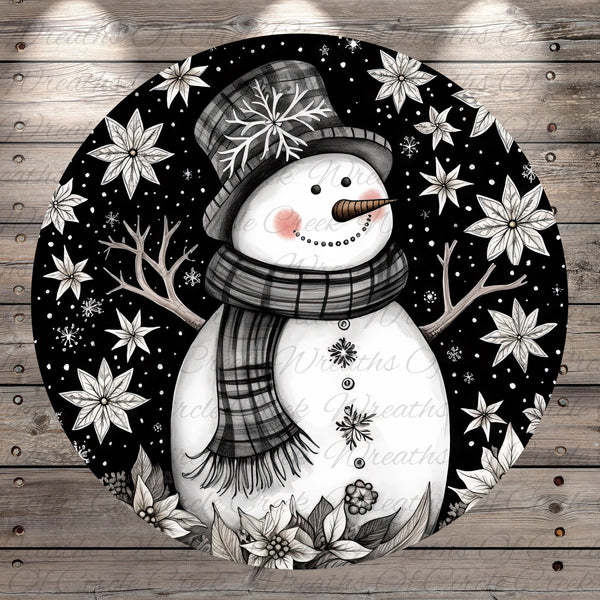 A whimsical snowman with a hat and scarf, surrounded by snowflakes and flowers, is depicted in the image.