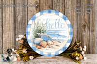 Hello Seashell Beach Sign | Lightweight Round Metal Wreath Sign | No Holes in Sign | Coastal Summer Decor