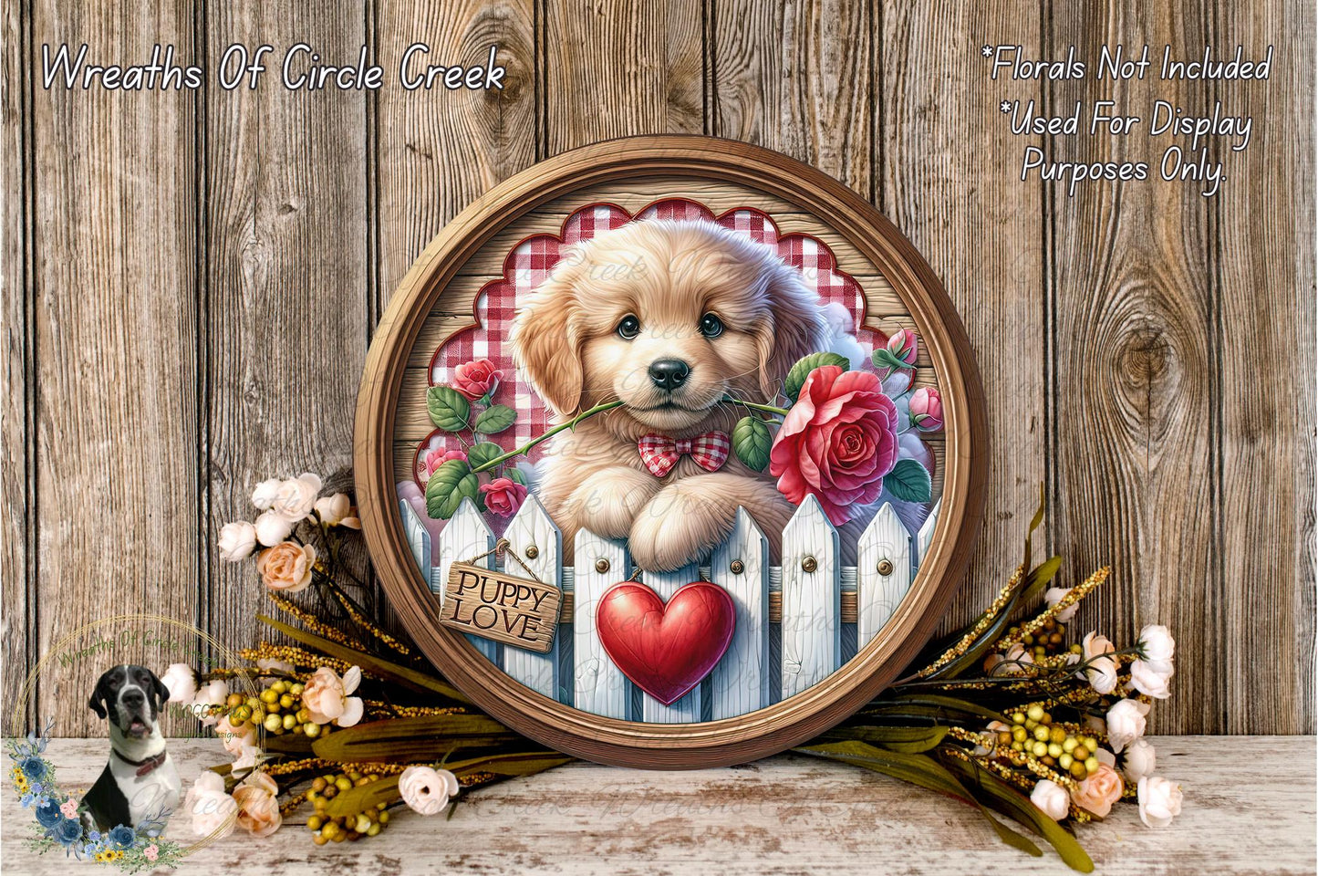 A wooden fence with a cute puppy sitting on it, holding a rose and a heart-shaped sign that says "Puppy Love". The background is a rustic wooden wall with flowers and greenery.
