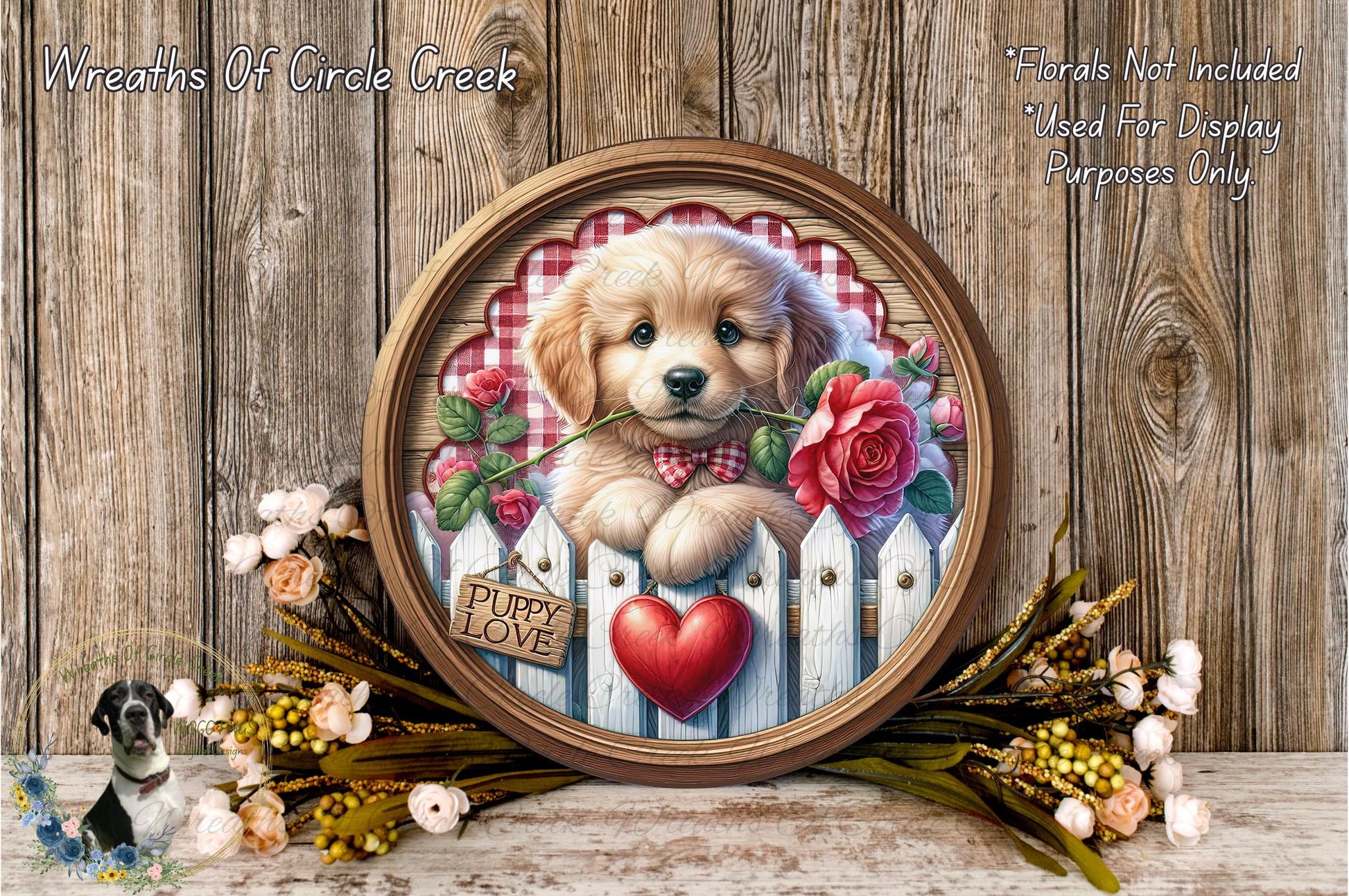 A wooden fence with a cute puppy sitting on it, holding a rose and a heart-shaped sign that says "Puppy Love". The background is a rustic wooden wall with flowers and greenery.