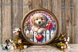 A wooden fence with a cute puppy sitting on it, holding a rose and a heart-shaped sign that says "Puppy Love". The background is a rustic wooden wall with flowers and greenery.