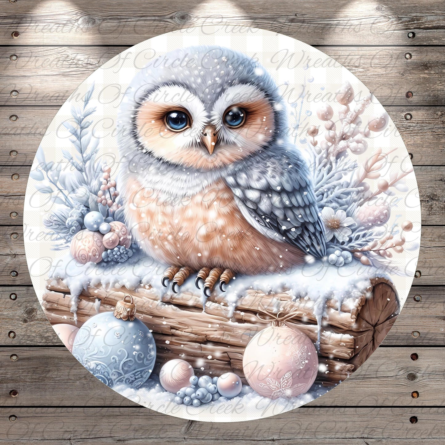 A detailed illustration of a snowy owl perched on a log, surrounded by snowflakes, branches, and ornaments.