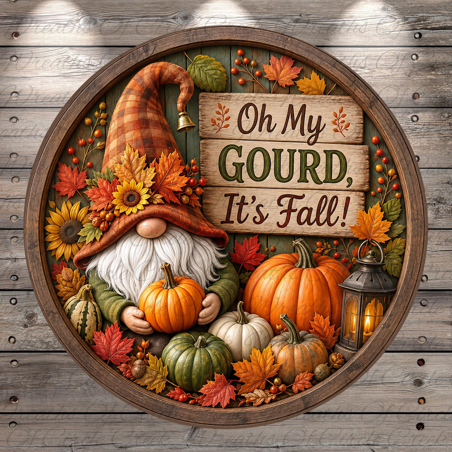 A gnome holding a pumpkin surrounded by autumn leaves, pumpkins, and a lantern, with a sign that says "Oh My Gourd, It's Fall!"